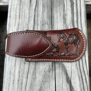 Coffee Brown Leather Praying Cowboy Design Small Knife Sheath with Keep